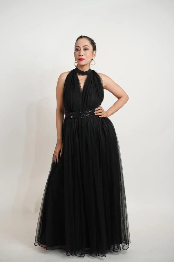 Backless Net Gown With Sequence Belt Xpressions By Anisha