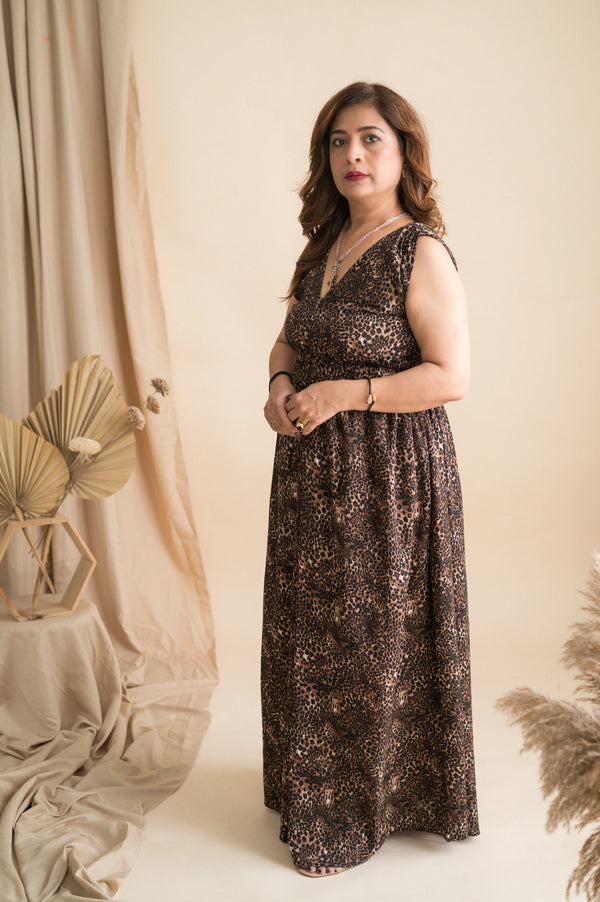 Long Leopard Print Maxi Gown With Waist Cut Pattern - Xpressions By Anisha