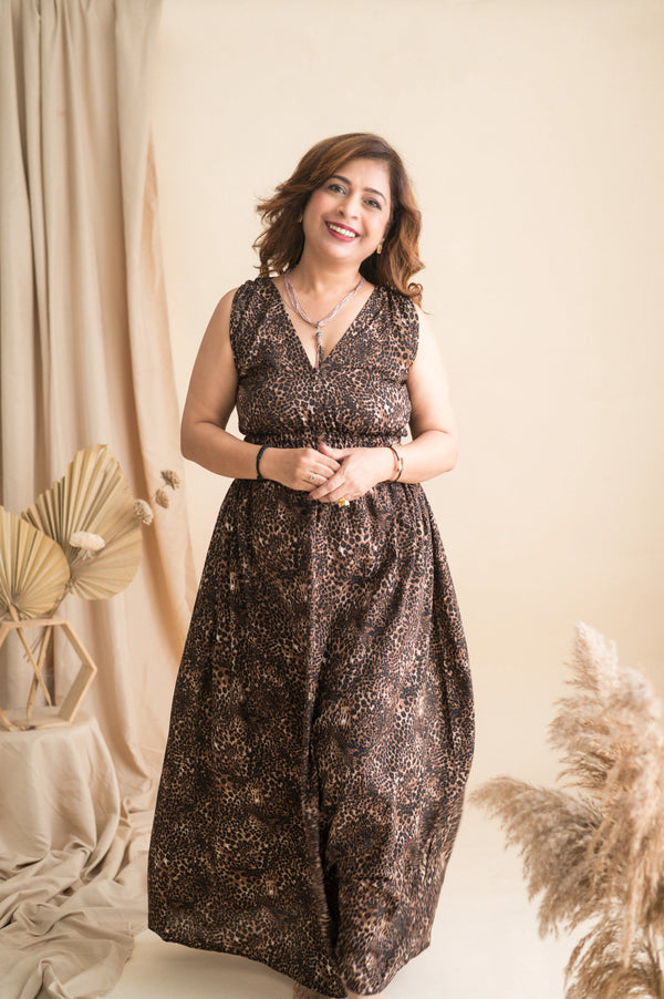 Long Leopard Print Maxi Gown With Waist Cut Pattern - Xpressions By Anisha