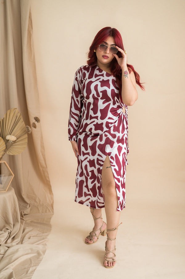 Digital Print One Side Off Dress With Thigh High Slit & Draw String Pattern In Waist - Xpressions By Anisha
