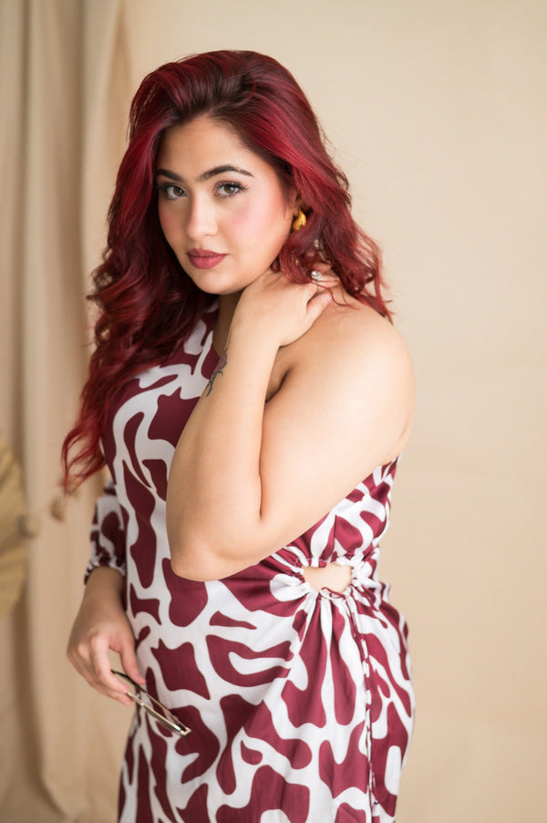 Digital Print One Side Off Dress With Thigh High Slit & Draw String Pattern In Waist - Xpressions By Anisha