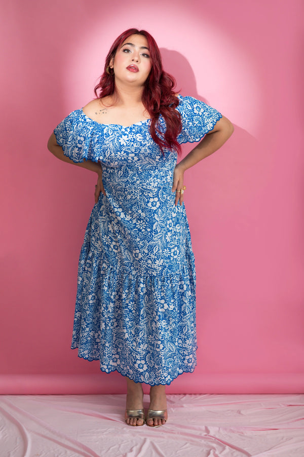 Off Shoulder Layered Dress With Machine Embroidered - Xpressions By Anisha