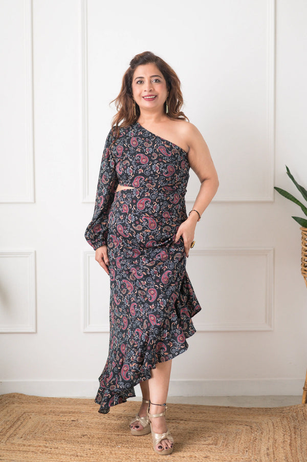 One Side Off Shoulder Paisley Print With Waist Cut Dress - Xpressions By Anisha