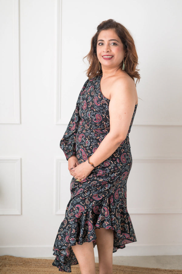 One Side Off Shoulder Paisley Print With Waist Cut Dress - Xpressions By Anisha