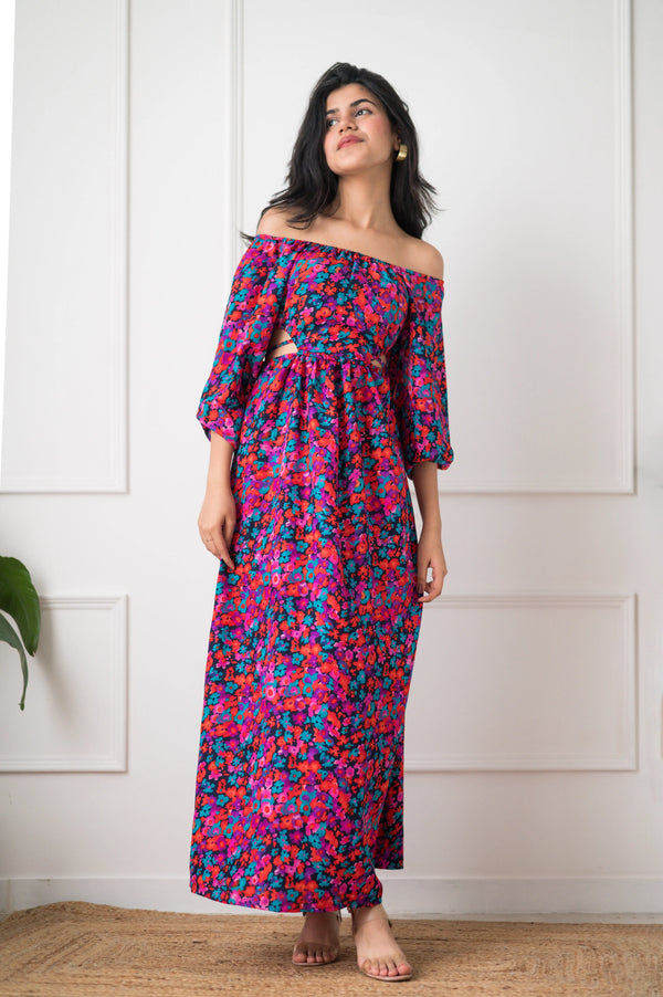 Floral Print Waist Cut Out Style Maxi Dress Xpressions By Anisha