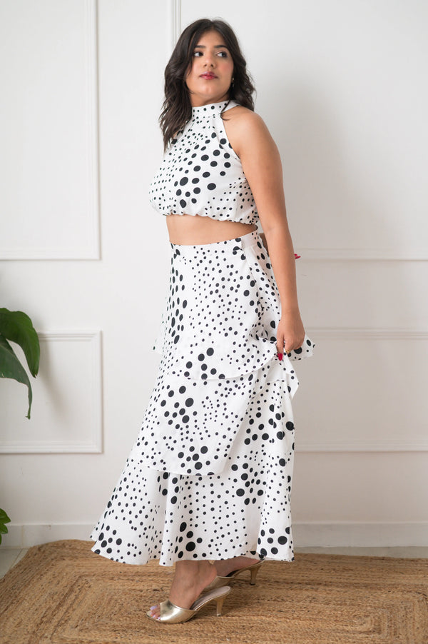 Polka Dots Cord Set (Top Halter Neck Witth Layered Skirt) 